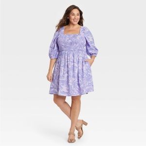 Target Women's Plus Size Puff Elbow Sleeve Smocked Dress Ava & Viv Purple 2X